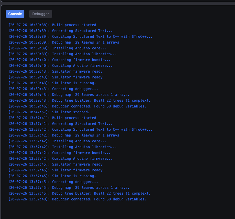 Successful OpenPLC compile and runtime log