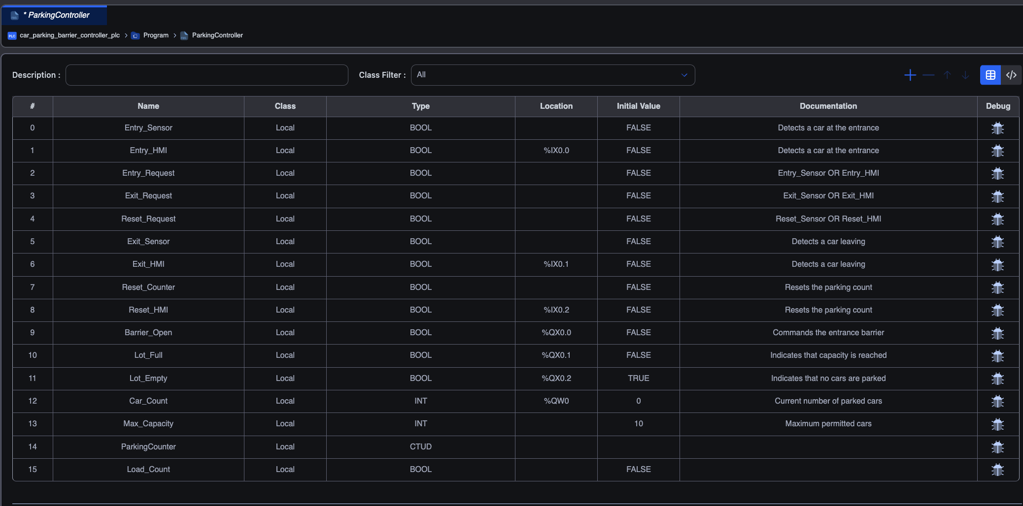 OpenPLC parking controller variable table