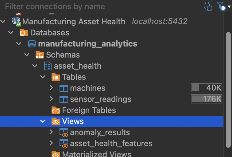 DBeaver database structure for the asset health analytics project