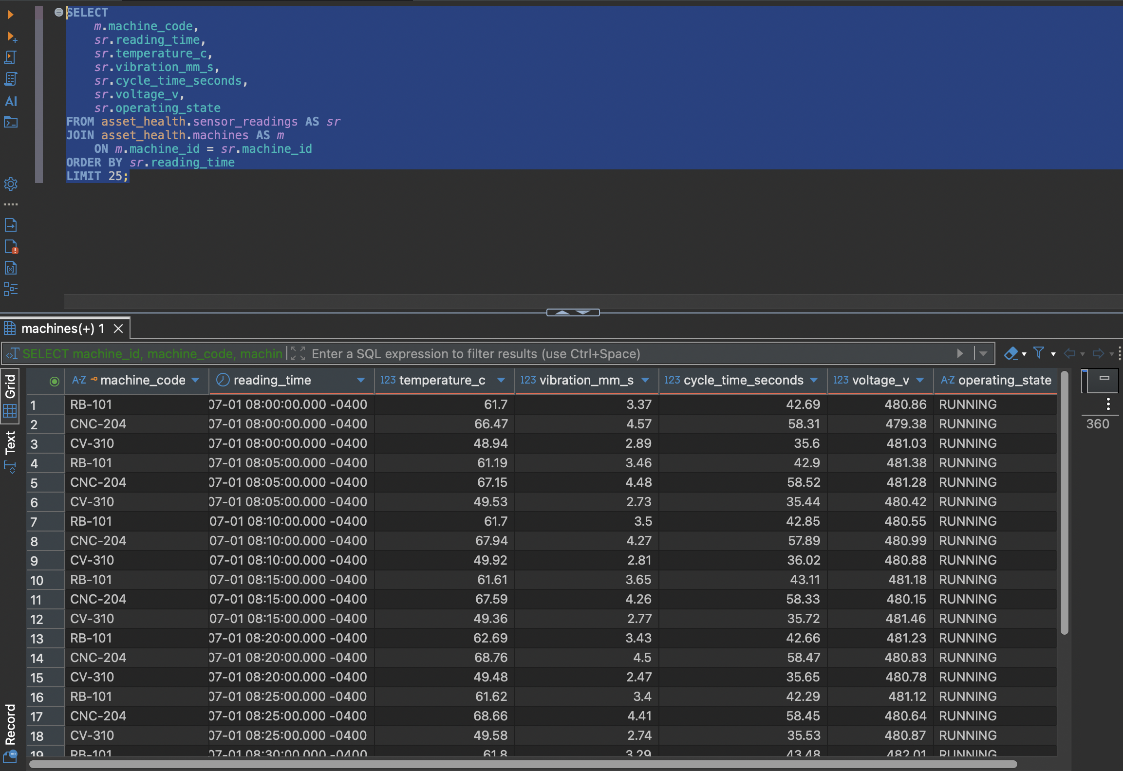 Manufacturing IoT sensor readings displayed in DBeaver