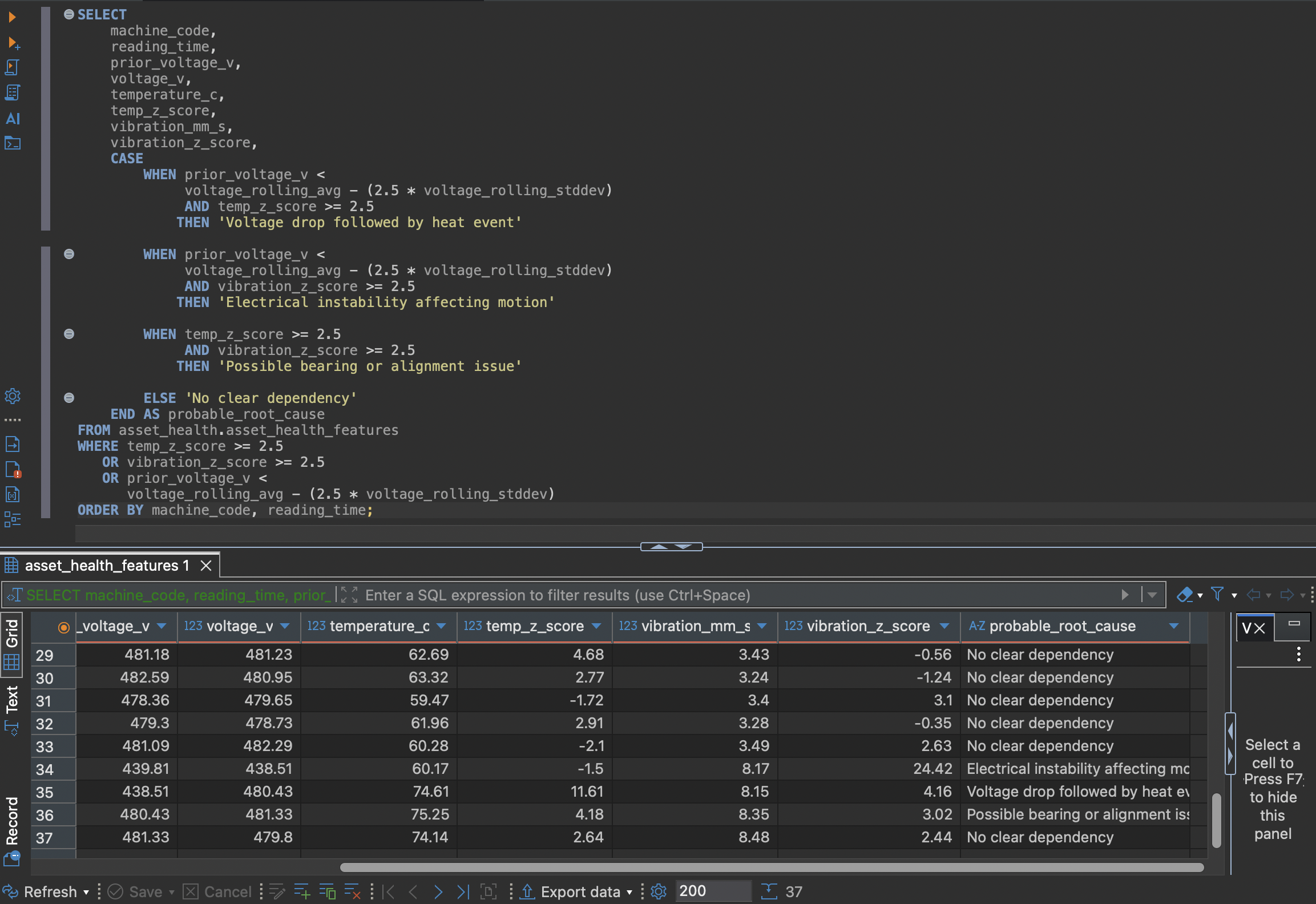 Sequential root cause event analysis performed with PostgreSQL